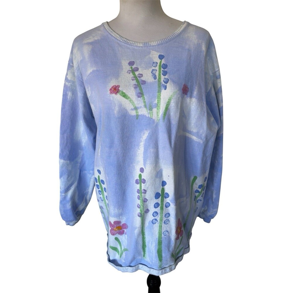 Vintage Cal Cru Tie Dye Handpainted Wildflowers Cotton Sweatshirt Made In USA L